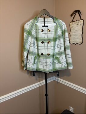 Etcetera White and Light Green Plaid Double-Breasted Blazer